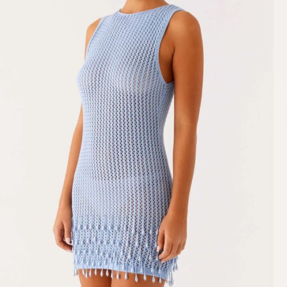 Miracle Beaded Crochet Mini Dress - Blue